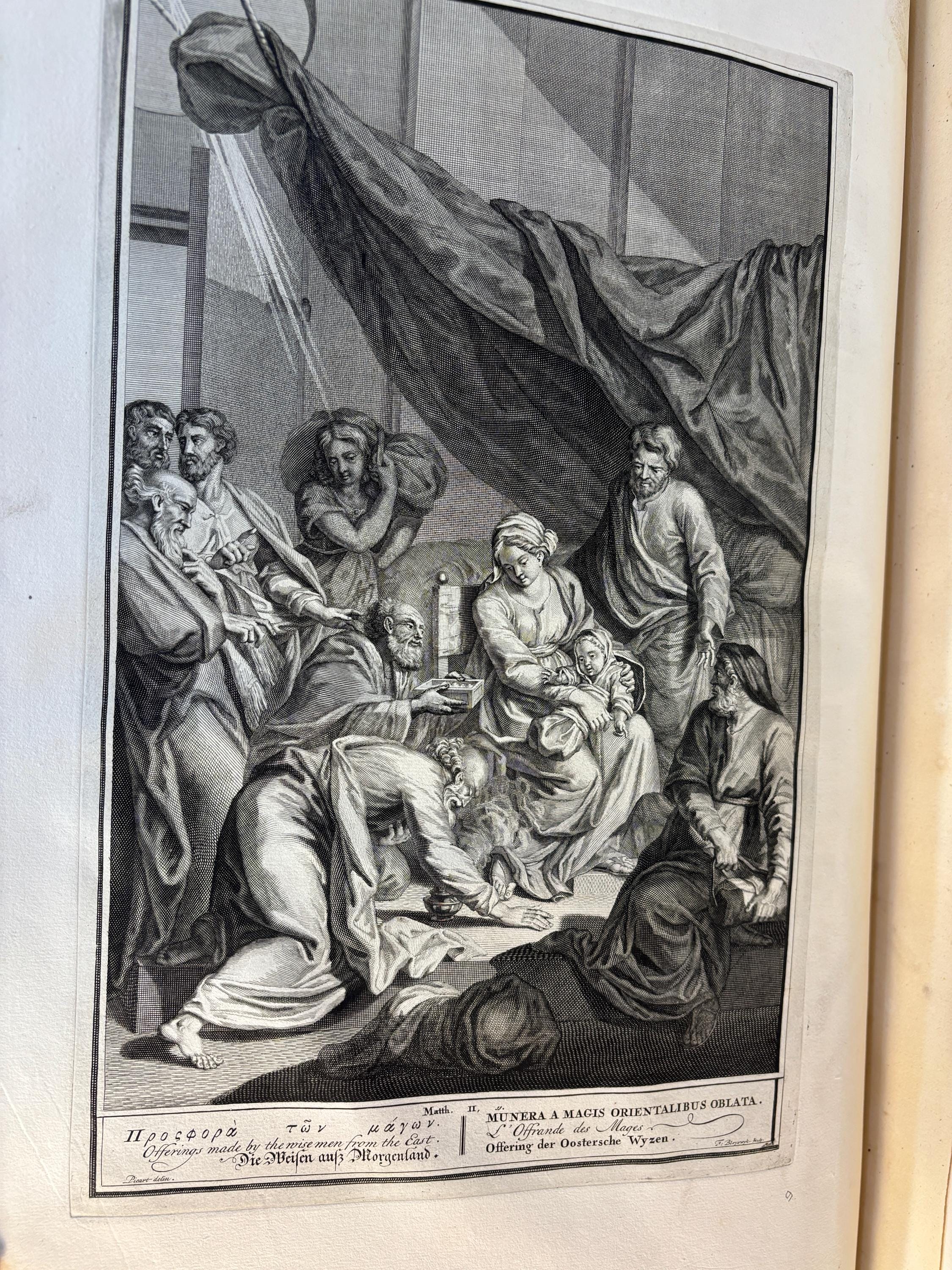 Taferelen Der Voornaamste Geschiedenissen Van Het Oude En Nieuwe Testament,En Andere Boeken, Bij De Heilige Schrift Gevoegt, Door De Vermaarde Kunstenaars Hoet, Houbraken, en Picart Getekent, En Van De Beste Meesters In Koper Gesneden, En Met Beschrijvingen Uitgebreid. Het Eerste Deel. Translated: Scenes Of The Principal Histories Of The Old And New Testament, And Other Books Added To Holy Scripture, Drawn By The Renowned Artists Hoet, Houbraken, and Picart, And Engraved On Copper By The Best Masters, And Expanded With Descriptions. Dutch Picture Bible, 3 vols. — photograph 7.