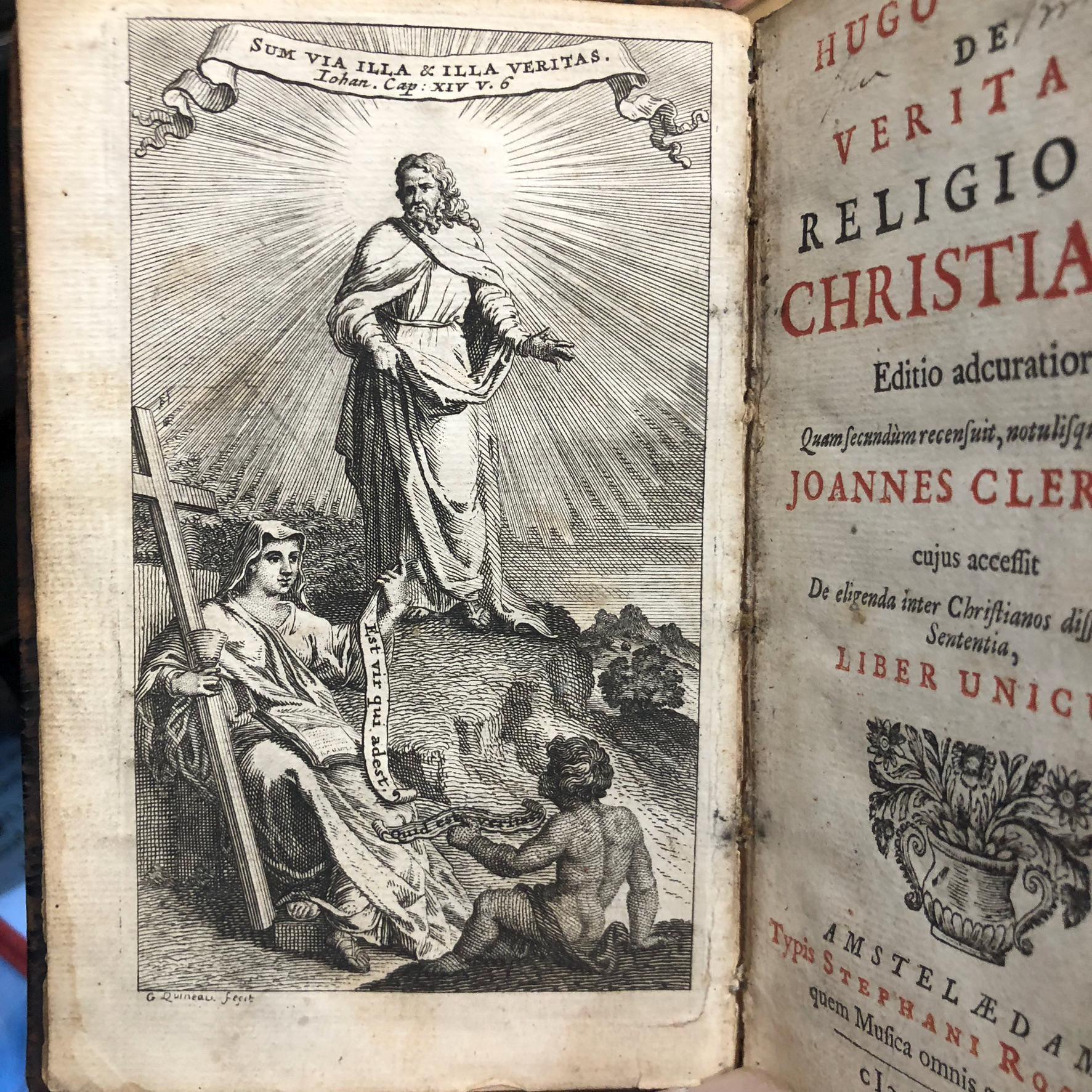 Hugo Grotius De Veritate Religionis Christianæ. Editio accuratior, Quam secundum recensuit, notulisque illustravit Joannes Clericus; cujus accessit De eligenda inter Christianos dissidentes Sententia, Liber Unicus. Translated: Hugo Grotius On The Truth Of The Christian Religion. A more accurate edition, Which has been revised a second time, and illustrated with notes by Johannes Clericus; to which has been added On choosing among Christians who disagree, An opinion, A single book. — photograph 5.