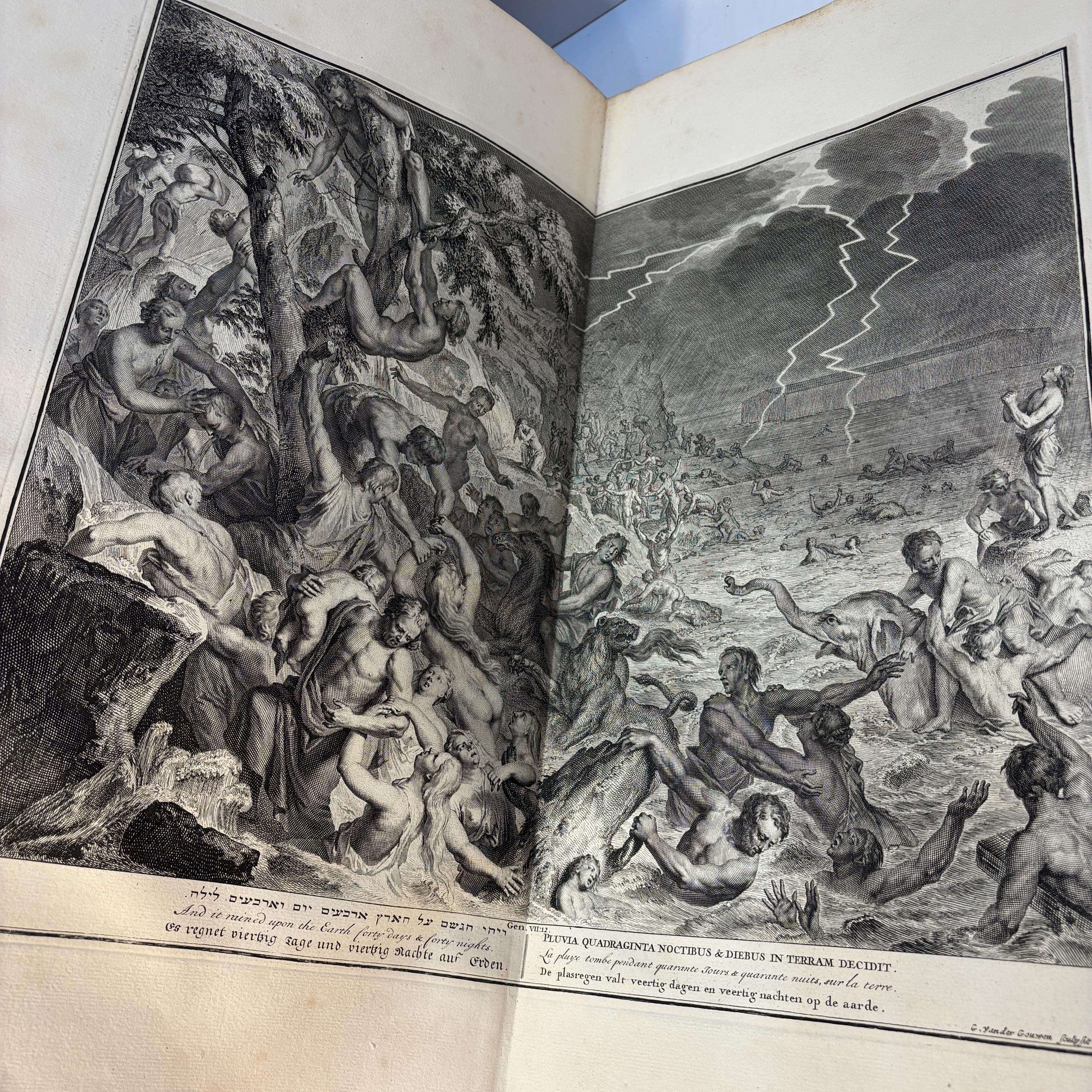 Taferelen Der Voornaamste Geschiedenissen Van Het Oude En Nieuwe Testament,En Andere Boeken, Bij De Heilige Schrift Gevoegt, Door De Vermaarde Kunstenaars Hoet, Houbraken, en Picart Getekent, En Van De Beste Meesters In Koper Gesneden, En Met Beschrijvingen Uitgebreid. Het Eerste Deel. Translated: Scenes Of The Principal Histories Of The Old And New Testament, And Other Books Added To Holy Scripture, Drawn By The Renowned Artists Hoet, Houbraken, and Picart, And Engraved On Copper By The Best Masters, And Expanded With Descriptions. Dutch Picture Bible, 3 vols. — photograph 9.