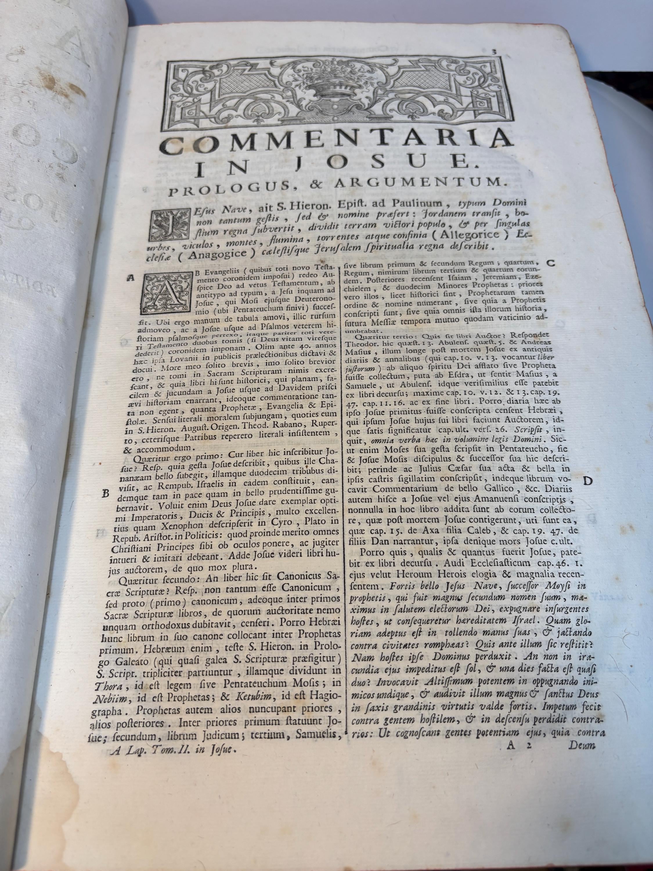 A Lapide E Societate Jesu, Sacrae Scripturae Olim Lovanii, Postea Romae Professoris, Commentaria In Josue, Judicum, Ruth, Quatuor Libros Regum, Et Duos Paralipomenon. Editio Novissima Anterioribus Auctior, Et Correctior, Ac Indicibus Necessariis Illustrata. (Vol. II of 2) Translated: A Lapide Of the Society of Jesus, Former Professor of Sacred Scripture at Louvain, Later at Rome, Commentaries On Joshua, Judges, Ruth, The Four Books of Kings, And The Two Books of Chronicles. Newest Edition, More Complete Than Previous Ones, And More Corrected, With Necessary Indexes Included. — photograph 5.