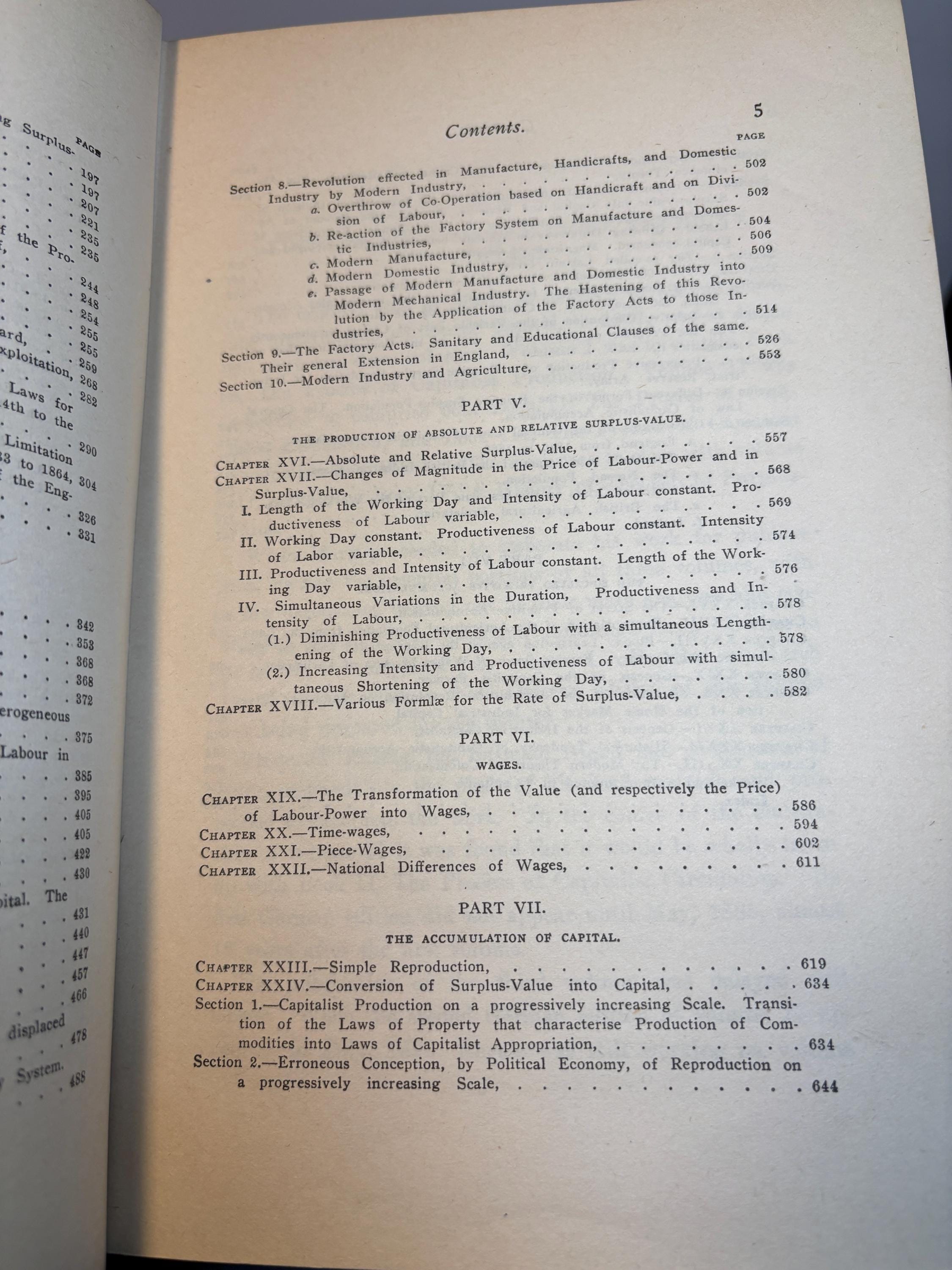 Capital, A Critique of Political Economy (3 vol.) Vol.I The Process of Capitalist Production, Translated from the Third German Edition, by Samuel Moore and Edward Aveling. Editied by Frederick Engels. Revised and Amplified According to The Fourth German Edition by Ernest Untermann. (1915) Vol.II The Process of Circulation of Capital Edited by Frederick Engels, Translated from the Second German Edition by Ernest Untermann. (1915) Vol.III The Process of Capitalist Production as a Whole. Edited by Frederick Engels, Translated from The First German Edition by Ernest Untermann. (1909) — photograph 5.