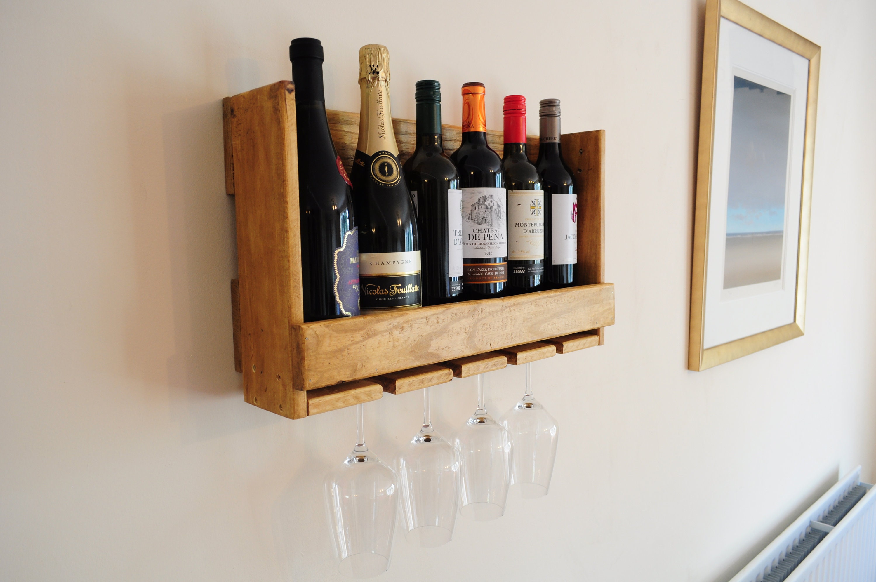 6 Bottle Recycled Pallet Pine Wood Wall Stand Wine Rack For 4 Glasses