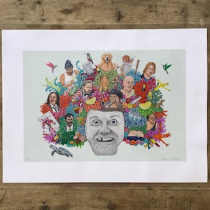 May include: A colorful and whimsical illustration of a man's face surrounded by a variety of characters, animals, and objects. The man has a large, toothy grin and is surrounded by a vibrant mix of colors and textures.