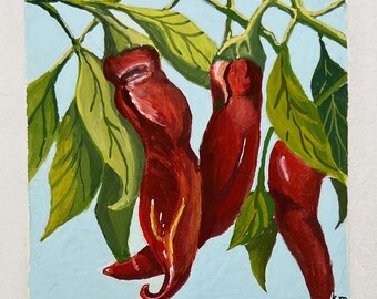 Red Hot Chili Peppers, 3,75 x 3,75, oryginalny obraz gwaszowy, z białym matem, gotowy rozmiar 8x8