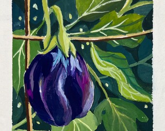 Eggplant Gouache Painting 3.75 x 3.75" with white matte, total size 8x8