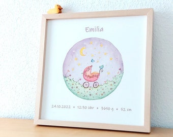 Birth picture can be personalized girl boy also with frame, fine art print 30 x 30 cm
