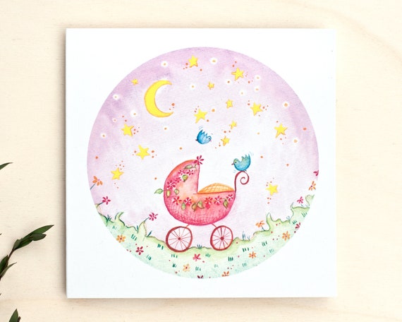 Embroidered birth card pink with pink stroller
