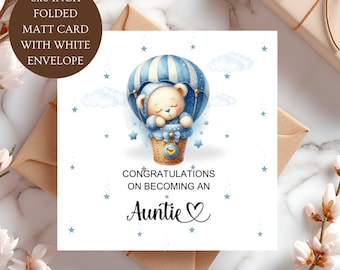 New Auntie Card: Baby Blue Air Balloon, Newborn Announcement