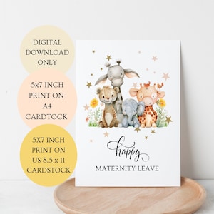Cartão de licença maternidade feliz. Novo cartão de bebê gênero neutro animais da floresta dobrado neutro cartão de 5 x 7 polegadas DOWNLOAD DIGITAL.