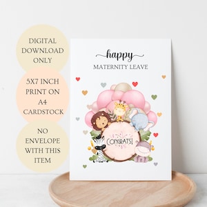 Carte pliée de joyeux congé de maternité pour petite fille ballons roses. Baby Safari Félicitations 5 x 7 pouces TÉLÉCHARGEMENT NUMÉRIQUE SEULEMENT