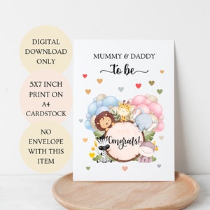 Carte pliée « Maman et papa sans distinction de sexe ». Baby Safari Félicitations 5 x 7 pouces TÉLÉCHARGEMENT NUMÉRIQUE SEULEMENT