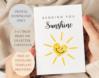 Sending You Sunshine Card. Encouragement Card Folded 5x7 inch Printable DIGITAL DOWNLOAD Only.