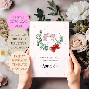 Herzlichen Glückwunsch zum Werden Eine Nana Karte. Eukalyptus Schwangerschaft Ankündigung Überraschung Printable gefaltet 5 x 7 Zoll NUR DIGITAL DOWNLOAD.
