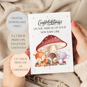 Parabéns pela chegada do seu novo cartão de bebê. Cartão de animais da floresta dobrado cartão de 5 x 7 polegadas DOWNLOAD DIGITAL.