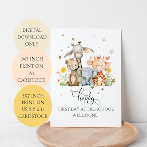Fijne eerste dag op de kleuterschoolkaart. Baby bosdieren gevouwen genderneutrale 5 x 7 inch kaart digitale DOWNLOAD.
