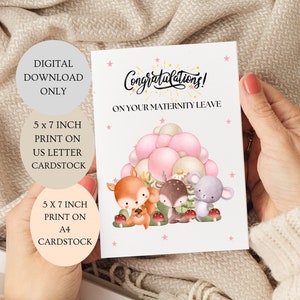 Félicitations pour votre carte de congé de maternité. TÉLÉCHARGEMENT NUMÉRIQUE de carte de bébé fille animaux de la forêt pliée 5 x 7 pouces.