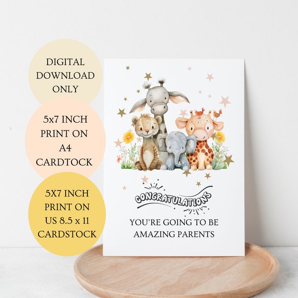 Congratulations You Are Going To Be Amazing Parents Card. New Baby Card Neutral Woodland Animals Folded 5 x 7 Inch Card DIGITAL DOWNLOAD.