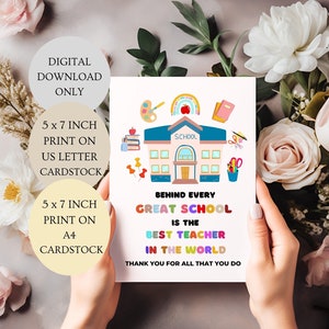 Atrás de toda grande escola está o cartão do melhor professor do mundo. Cartão de agradecimento por tudo o que você faz Cartão dobrado de 5 x 7 polegadas DOWNLOAD DIGITAL