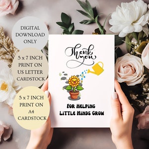 Obrigado por ajudar o cartão Little Minds Grow. Cartão de fim de ano para professora de berçário Cartão dobrado de 5 x 7 polegadas DOWNLOAD DIGITAL.