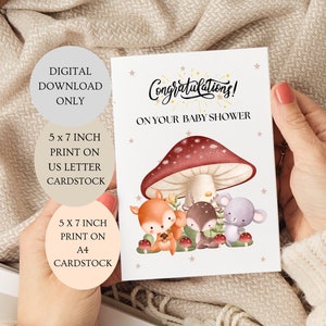 Parabéns pelo seu cartão de chá de bebê. Novo cartão de animais da floresta para bebês gênero neutro dobrado cartão de 5 x 7 polegadas DOWNLOAD DIGITAL.