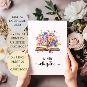Une nouvelle carte de chapitre. Livre débordant de fleurs florales plié 5 x 7 pouces imprimable TÉLÉCHARGEMENT NUMÉRIQUE uniquement.