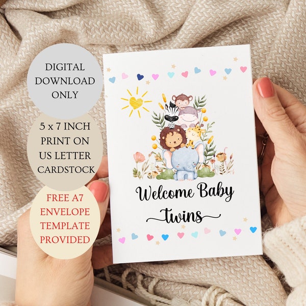 Welcome Baby Twin Boy and Girl Card. Folded 5x7 inch Printable DIGITAL DOWNLOAD ONLY.