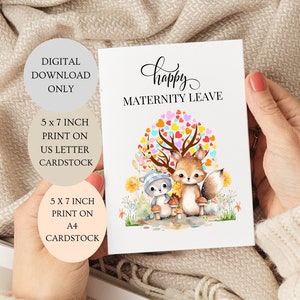 Cartão de licença-maternidade feliz. Cartão para recém-nascido, gênero neutro, animais da floresta, coração neutro dobrado, árvore, 5 x 7 polegadas, cartão para download digital.