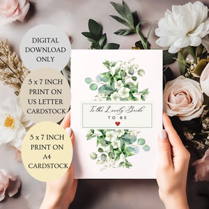 À la belle carte de la future mariée. Carte nuptiale florale d'eucalyptus pliée 5 x 7 pouces TÉLÉCHARGEMENT NUMÉRIQUE.