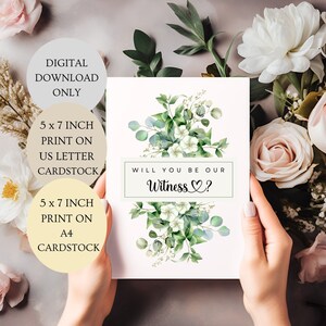 Carte Serez-vous notre témoin ? Carte de fleurs d'eucalyptus pliée 5 x 7 pouces TÉLÉCHARGEMENT NUMÉRIQUE.