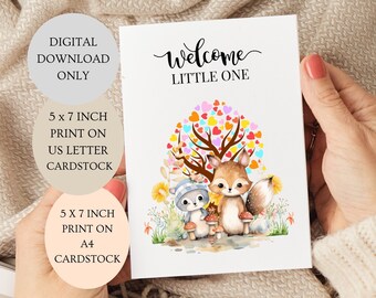 Tarjeta de bienvenida al pequeño. Nueva tarjeta de bebé Animales del bosque Árbol neutro de género plegado Tarjeta de 5 x 7 pulgadas DESCARGA DIGITAL.