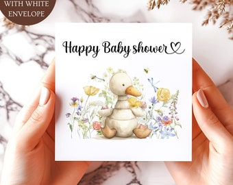 Baby Shower Card: Neutral Meadow Flowers, Duck Design
