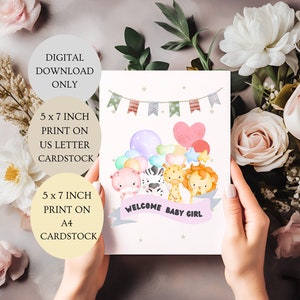 Cartão de boas-vindas para bebê. Novos animais safari para meninas dobrados em cartão de 5 x 7 polegadas DOWNLOAD DIGITAL.