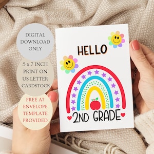 Bonjour carte de deuxième année. Retour à l'école. TÉLÉCHARGEMENT NUMÉRIQUE pour la rentrée 5 x 7 pouces UNIQUEMENT.