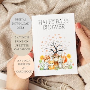 Bonne carte de baby shower. TÉLÉCHARGEMENT NUMÉRIQUE pour carte pour bébé, animaux de la forêt, neutre plié, coeur, 5 x 7 po.