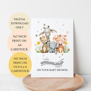 Parabéns pelo seu cartão de chá de bebê. Novo cartão de bebê animais da floresta neutros dobrados cartão neutro de 5 x 7 polegadas DOWNLOAD DIGITAL.
