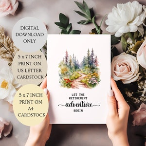 Laat het pensioenavontuur beginnen kaart. Floral Woodland Flowers Gevouwen 5x7 inch Alleen afdrukbare DIGITALE DOWNLOAD.