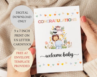 Biglietto di benvenuto per bambini di congratulazioni. Genere neutro piegato 5x7 pollici stampabile SOLO DOWNLOAD DIGITALE.