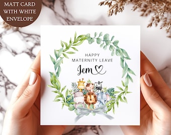 Personalised Happy Maternity Leave Card. Mummy to be Gender Neutral Floral Baby Safari Card.