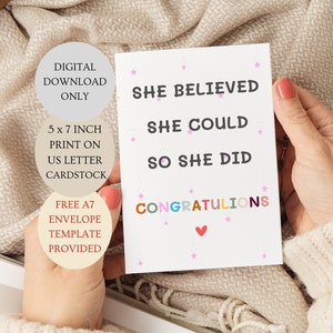 Ella creyó que podía, así que lo hizo. Tarjeta de felicitación. DESCARGA DIGITAL imprimible plegada de 5x7 pulgadas SOLAMENTE.