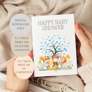 Cartão de chá de bebê feliz. Cartão para bebê novo, animais da floresta, coração azul dobrado, árvore, 5 x 7 polegadas, cartão para download digital.
