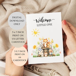 Biglietto di benvenuto per il piccolo. Nuova carta per bambini Animali del bosco piegata Genere neutro 5 x 7 pollici DOWNLOAD DIGITALE.