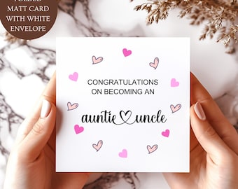 Congratulations on Becoming an Auntie and Uncle  Card. New Auntie and Uncle Baby Announcement Card. Pink Hearts Card.