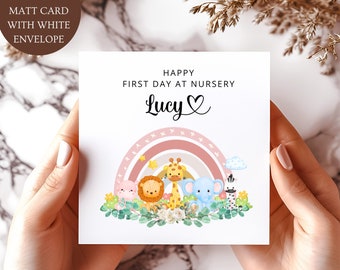 Personalised Happy First Day At Nursery Card. Matt  Print Pink Rainbow Girl  Safari Animals Card.