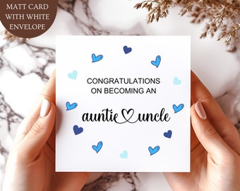 Congratulations on Becoming an Auntie and Uncle  Card. New Auntie and Uncle Baby Announcement Card. Blue  Hearts Card.