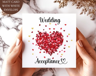 Wedding Acceptance Card. Delighted To Accept Card. MATT Red Heart Wedding Party Acceptance Card. Matt Card Non Glossy.