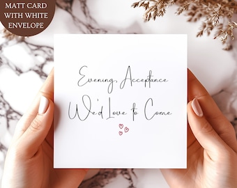 Evening Acceptance We Would Love to Come Card. Delighted To Accept Card.  Red Heart Wedding Party Acceptance Card.