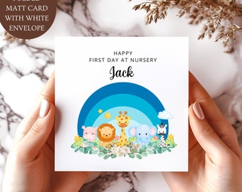 Personalised Happy First Day At Nursery Card. Matt  Print Blue Safari Animals Card.