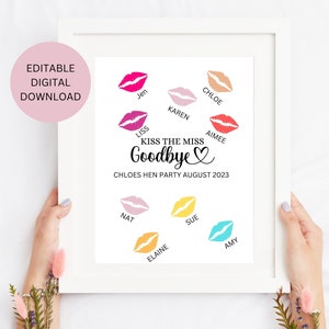 A4 EDITABLE DIGITAL Kiss The Miss Goodbye Game Poster Party Print. Lápiz labial Fiesta nupcial Despedida de soltera. Marco no incluido. DESCARGAR Imprimible.