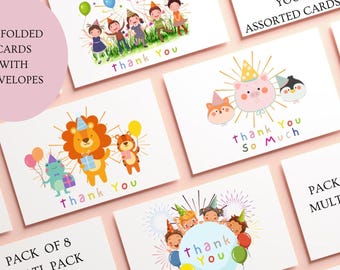 Kids Thank You Cards: Multi-Colored Party Appreciation Folded Card, A6 Envelopes