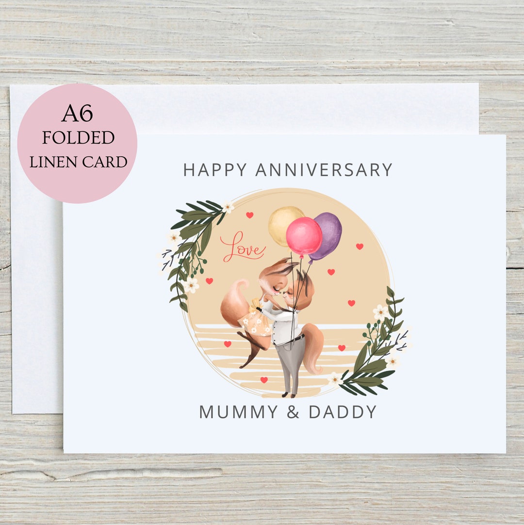 Happy Anniversary Mummy And Daddy Card Foxes A6 Folded Linen Card happy-anniversary-mummy-and-daddy-card-foxes-a6-folded-linen-card
